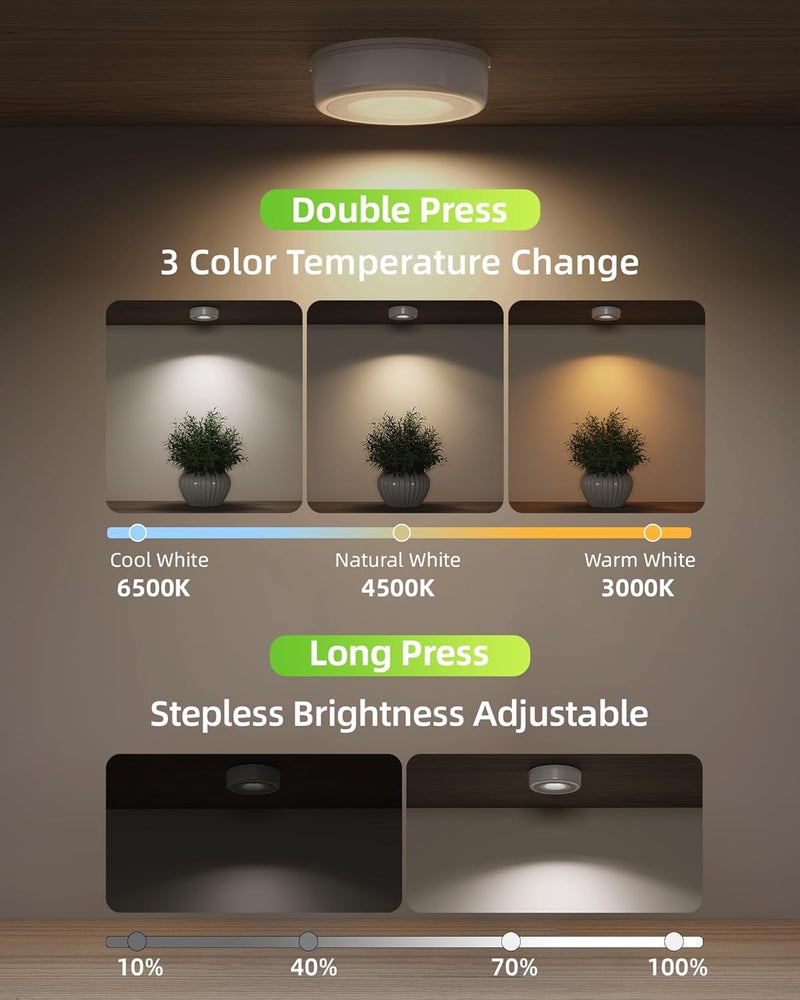 EZVALO LED Puck Lights, Rechargeable Battery Touch Light, 2.5'' Mini Tap Lights, Wireless Closet Light, Under Cabinet Lighting, 3 Color Temps, Sitck On Lights for Kitchen,Closet,Pantry,Shelves(2 Pack) - Image 5